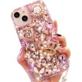 thumbnail image 3 of Glitter Bling Case for iPhone 15 Plus, Cute Luxury 3D Crown Crystal Rhinestone Diamond Sparkle Gemstones Pearl with Wrist Strap Chain Women Girls Phone Case for iPhone 15 Plus 6.7" (Pink), 3 of 4