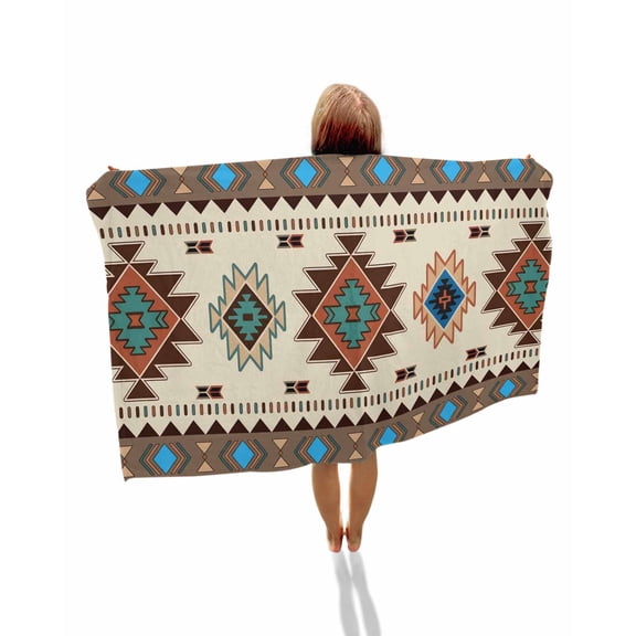 Boho Southwest Beach Towels Oversized Super Absorbent, Farmhouse Aztec Tribe Brown Blue Plaid Lightweight Bath Towel Quick Dry Sets For Bathroom/Pool/Rv Camping/Beach Play/Gym Room/Picnic 30"x60"