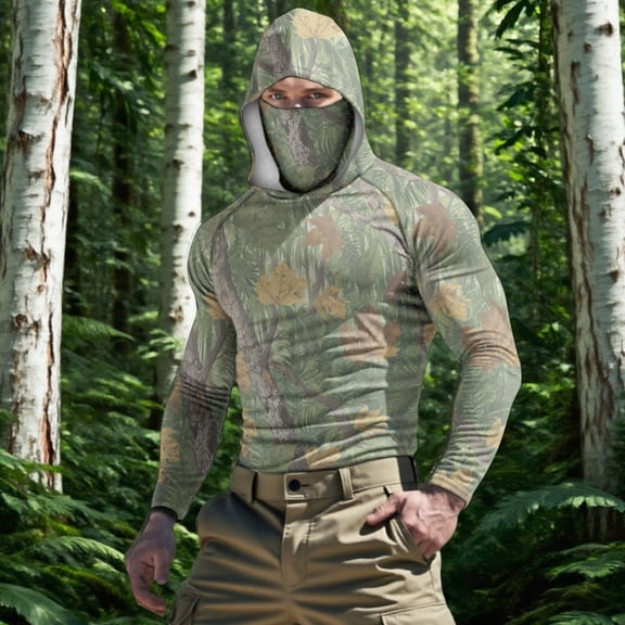 YOIAVAIOY Men's Full Sun Protection Hoodie Camo Comes with an Integrated Neck Gaiter, UPF50 Blocks UV Rays, Cool and Comfortable for All-Day Wear Camouflage M
