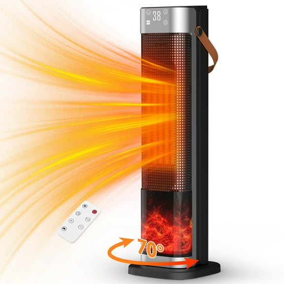 Fan/Space Heater for Home, 2000W Electric Ceramic Heater with 3D Flame, Thermostat, Remote, ECO Mode, 180°Oscillation, Timer, Smart Tower Heater for inside, Room, Office, Bedroom, 26"