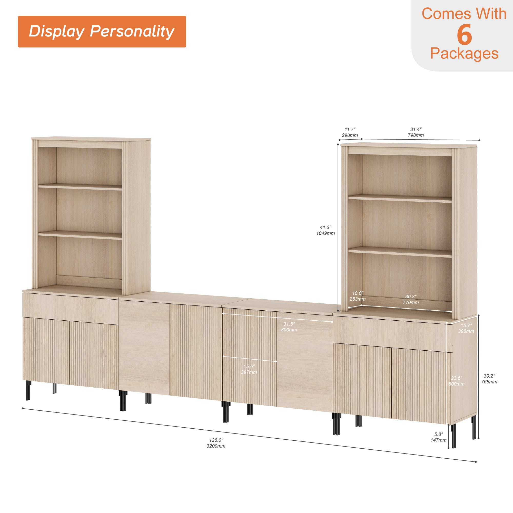 71.6"H X 126"W Set Of 4 Bookcase with Storage Cabinets, 14 Tier Bookshelf with Fluted Doors and Adjustable Shelves, Large Modern Display Cabinet with Drawers