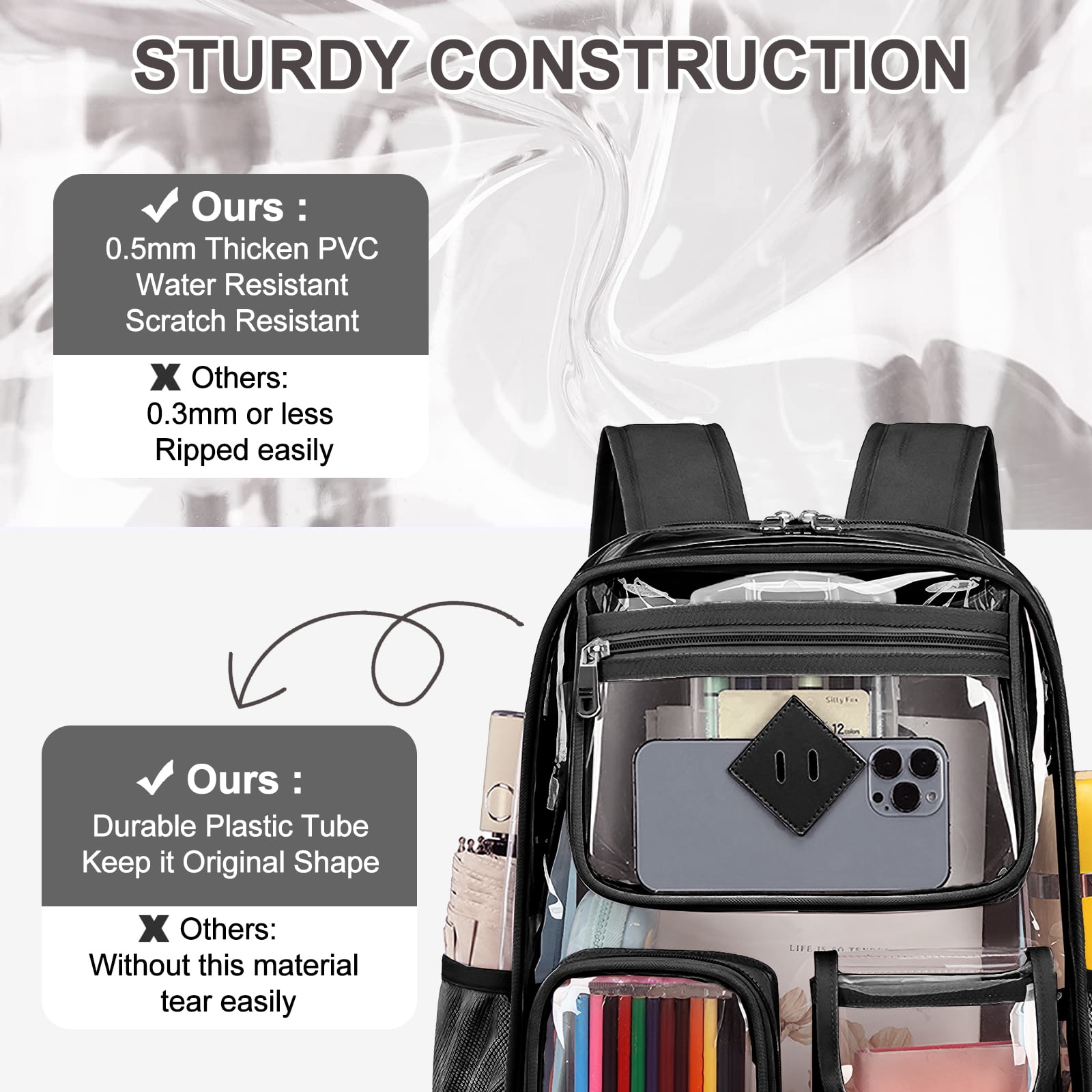 Sanmadrola Large Clear Backpack Heavy Duty Stadium Approved See Through Backpack Waterproof PVC Transparent Backpacks Clear Book Bag with Reinforced Strap for School Work Travel Festival, Black