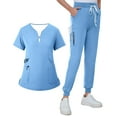 thumbnail image 2 of Minjewel Women's V-Neck Zipper Short Sleeve Scrubs for Women Set with Pockets, Easy Wear & Comfortable Scrub Set for Healthcare Professionals,Sky Blue S, 2 of 8