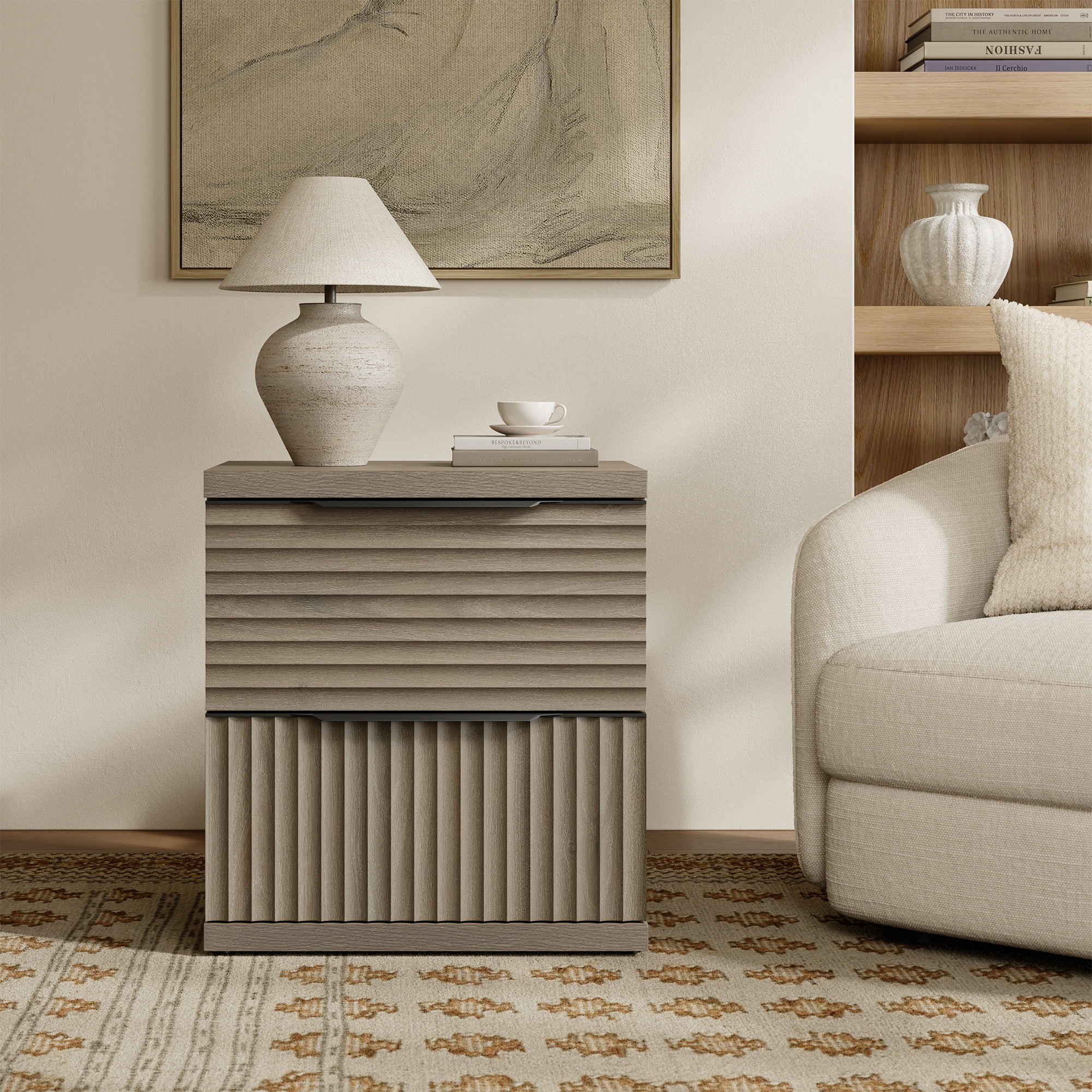 SICOTAS Modern Fluted 2 Drawer Nightstands Set of 2, Small Wooden Bedside Tables with Drawers & Black Handles, End Table for Bedroom, Living Room in Grey