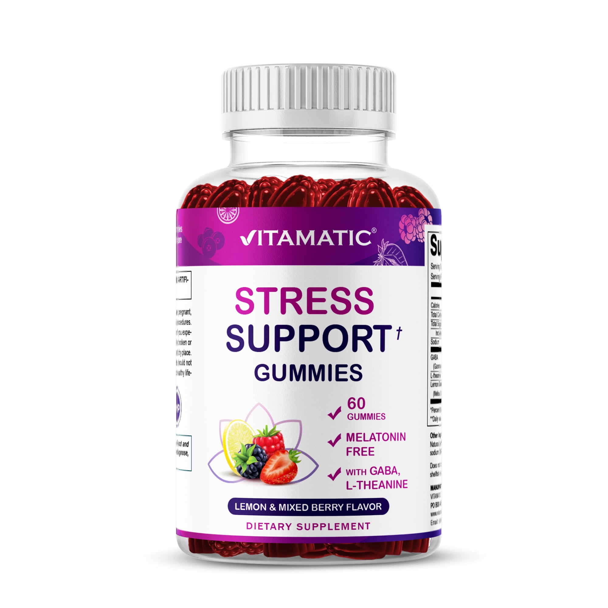 Vitamatic Stress Relief Gummies with GABA, L-Theanine, Lemon Balm – Lemon & Mixed Berry Flavor – 60 Gummies – Vegan, Non-GMO, Gluten-Free