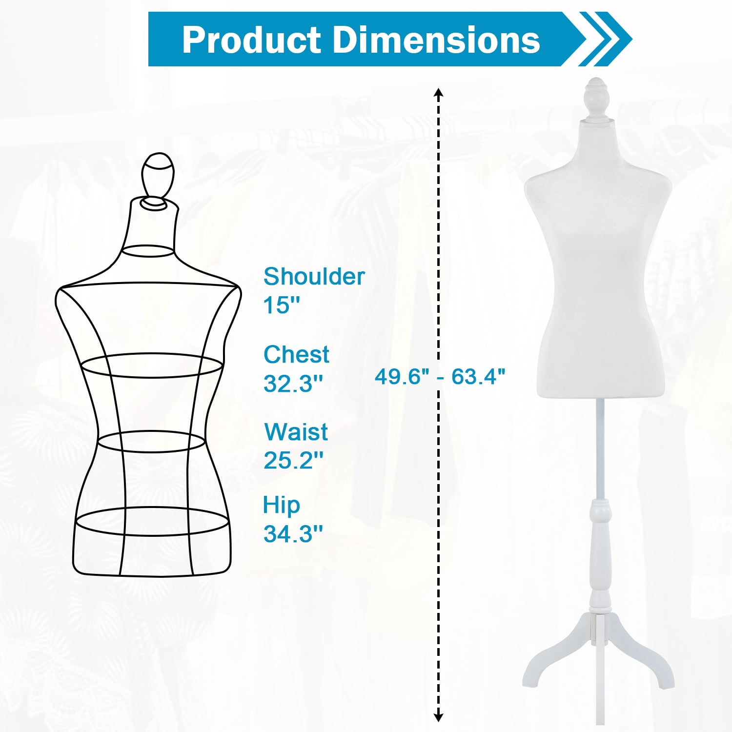 49"-63" Height Dress Form Mannequin Adjustable Female Mannequin Torso Sewing Mannequin Female Dress Model Torso Body Tripod Stand Clothing Forms, White