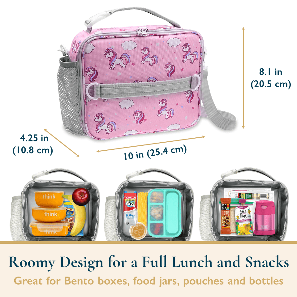 ComfiTime Lunch Bag for Kids – Insulated Lunch Box for Girls and Boys, Cute Reusable Cooler Bag with Zipper Pockets, Bottle Holder, Padded Handles and Shoulder Strap (Pink Unicorn)