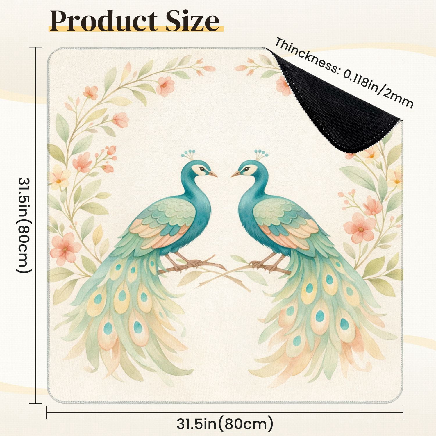 Mahjong Mat 31.5" x 31.5" Pair Elegant Blue Green Peacocks Long Flowing Tails Floral Wreath Non-Slip Noise Reduction Mahjong Tiles Table Cover for Dominoes Poker Card Board and Tile Games