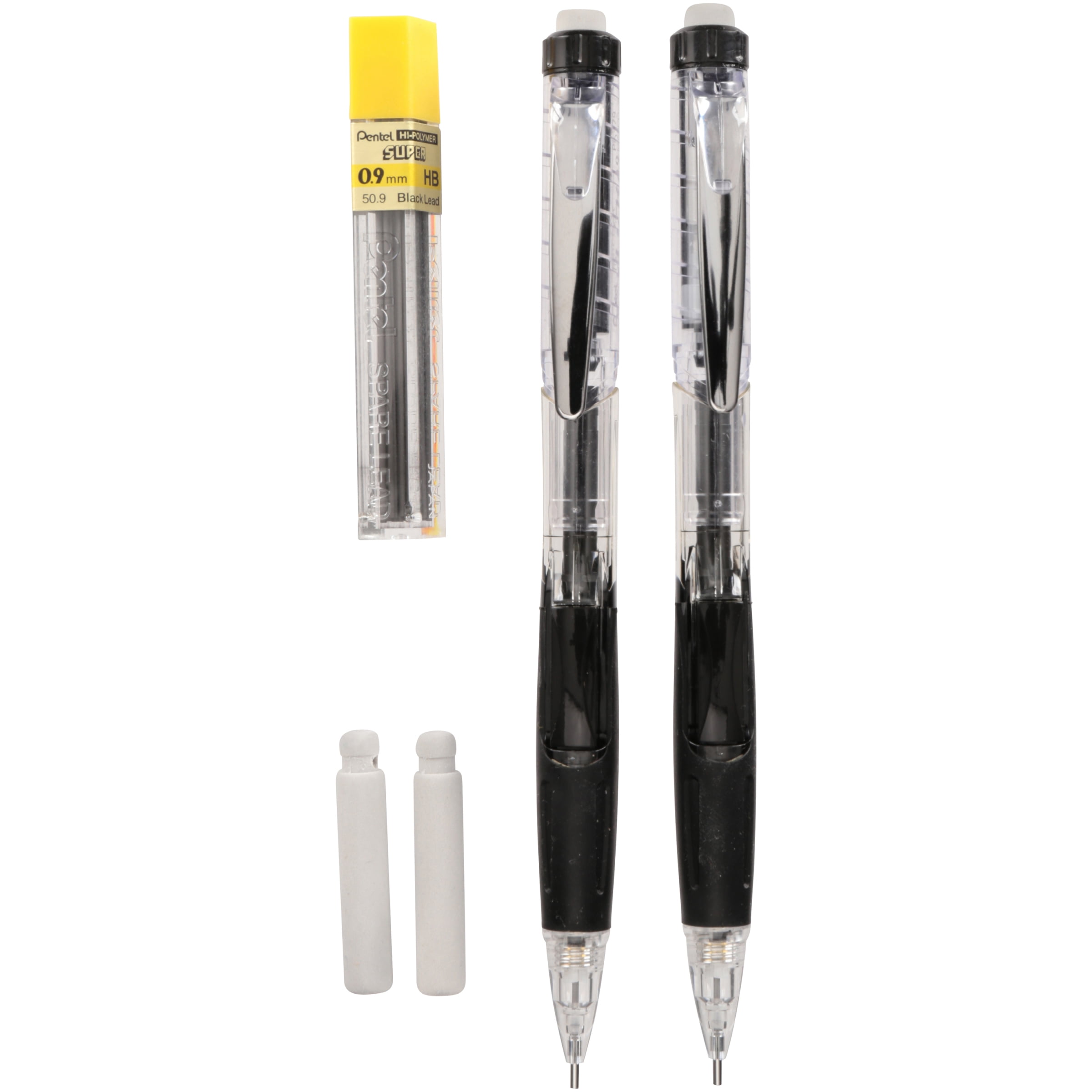 Pentel Twist-Erase Click Mechanical Pencil (0.9mm) Clear Barrel, 2-Pk with Lead and 2 erasers