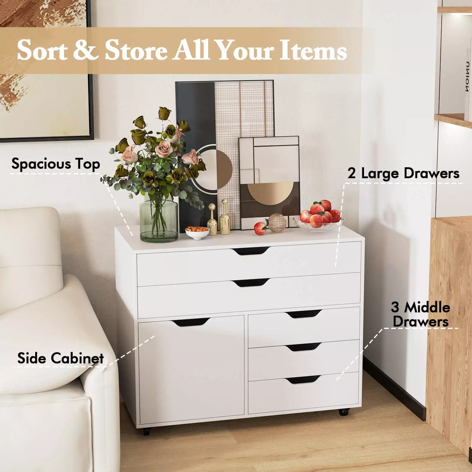 Harmijoy 5-Drawer File Cabinet w/Side Cabinet, Mobile Chest of Drawers w/ Side Cabinet, Door Cabinet with 5 Casters, Rolling Lateral Filing Cabinet