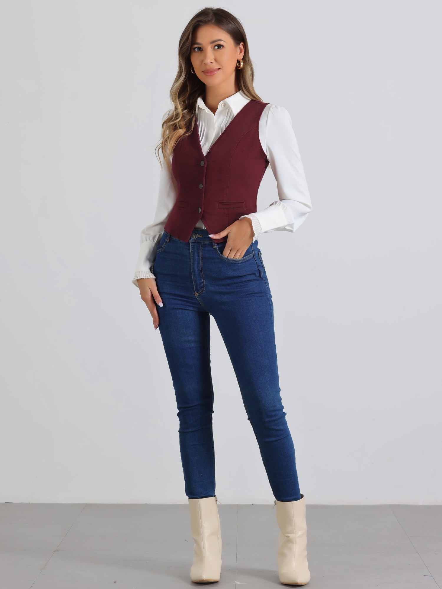 DARING DIVA Women's Sleeveless V Neck Casual Waistcoat Vest Jacket S Wine Red