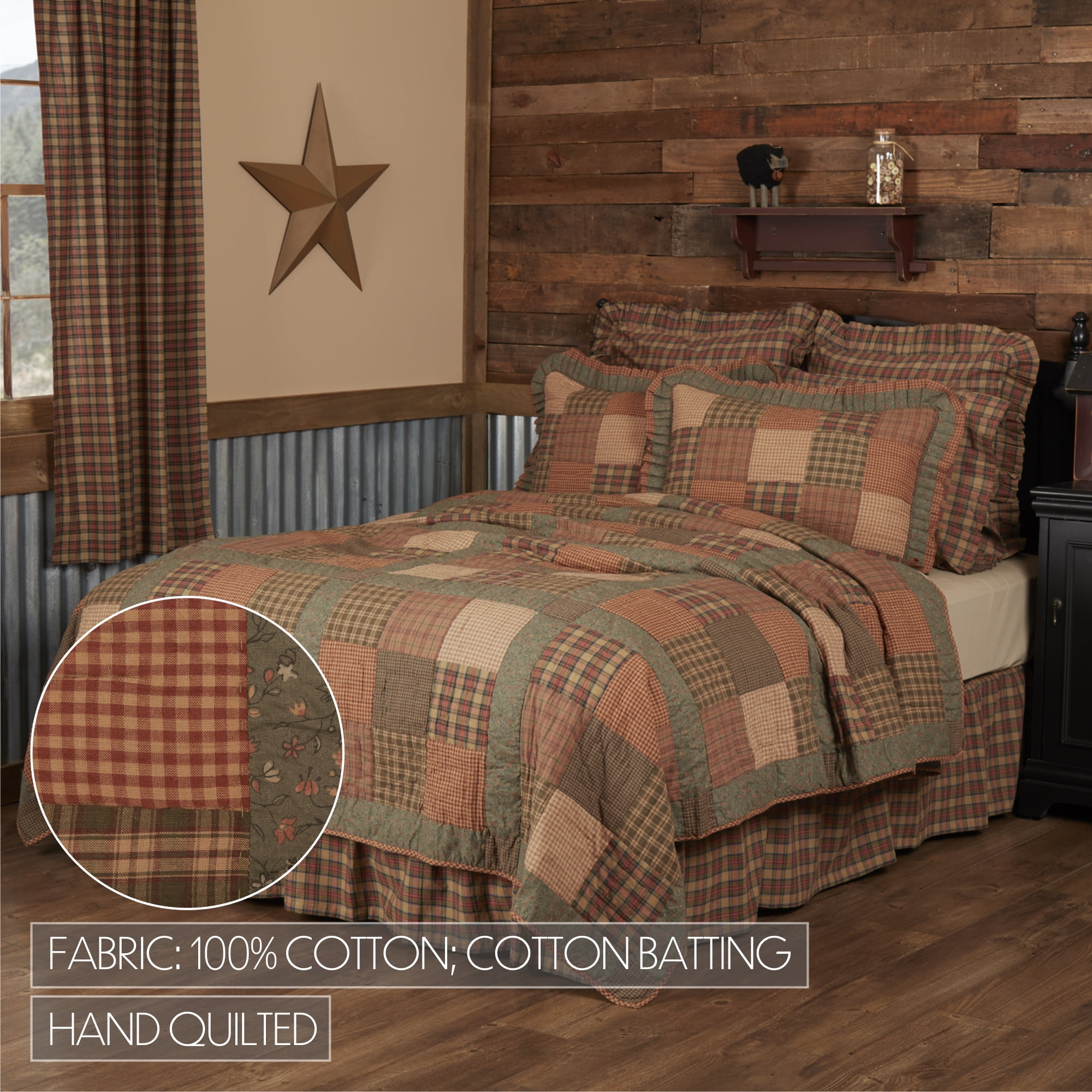 VHC Brands Crosswoods Patchwork Cotton Primitive Bedding Pre-Washed Luxury King Quilt, Dark Olive Green