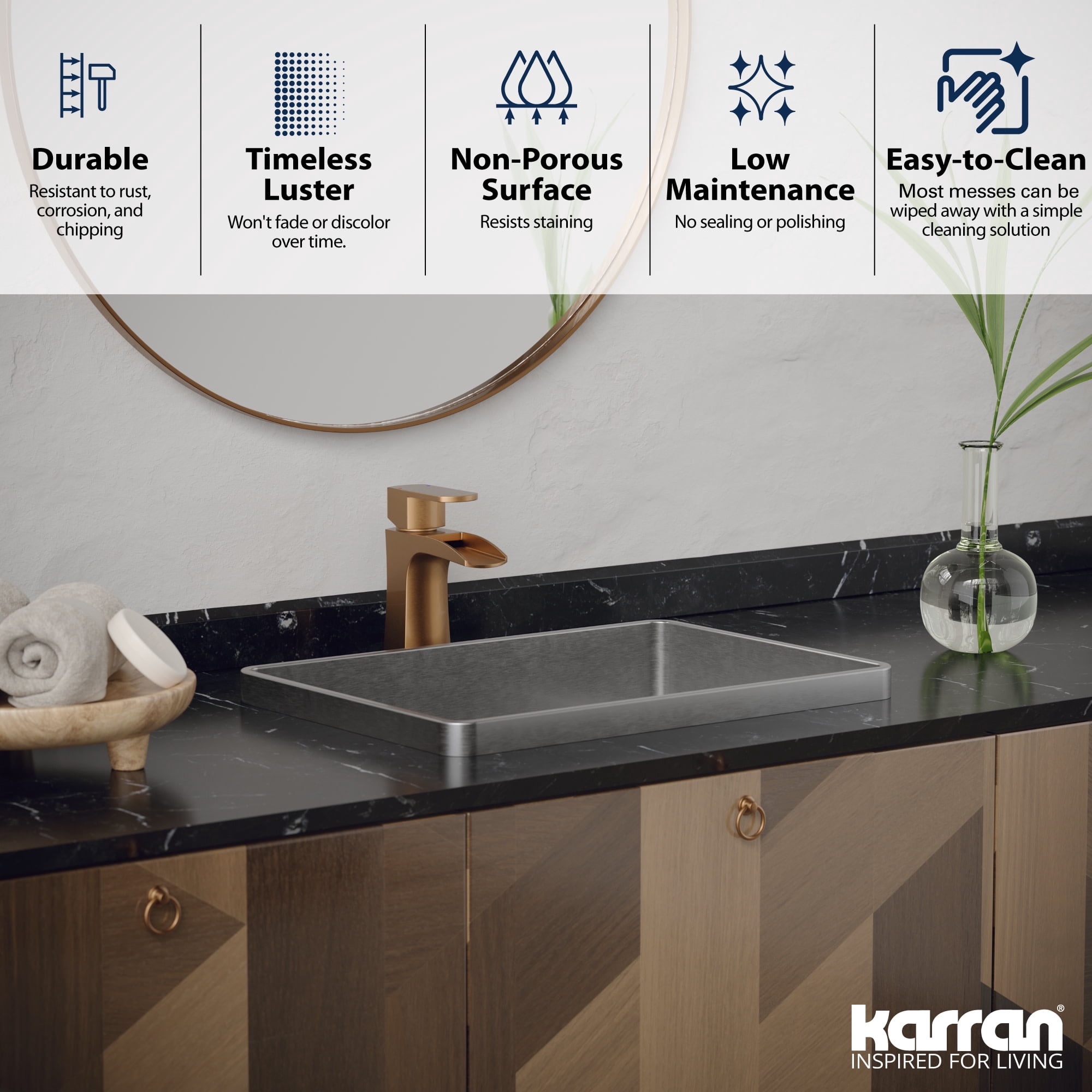 Karran Usa CCT200G Cinox 20" Rectangular Stainless Steel Drop In Bathroom Sink - Gold