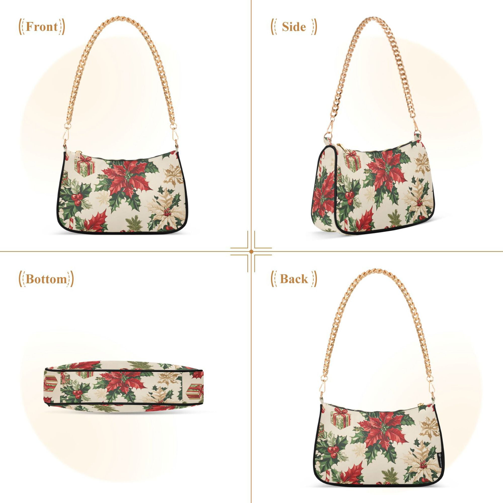FORMRS Womens Shoulder Bag with Chain Strap Clutch Purse Cute Tote Handbag, Christmas Poinsettia