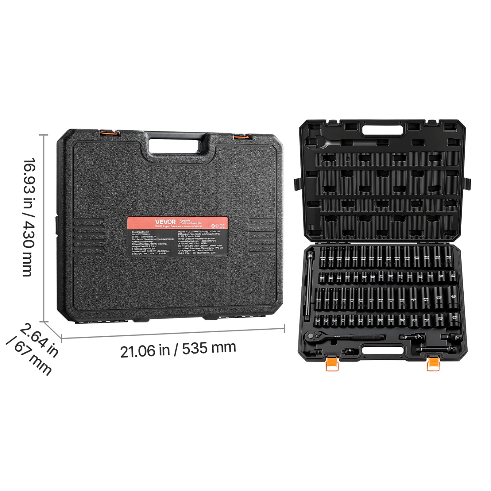 VEVOR Impact Socket Set, 1/2" Drive, 65-Piece Socket Set, 6 Point Sockets, SAE 3/8" to 1-1/4" and Metric 10-24 mm, Easy to Identify, with a Sturdy Storage Case, Cr-V Alloy Steel for Vehicles Repair