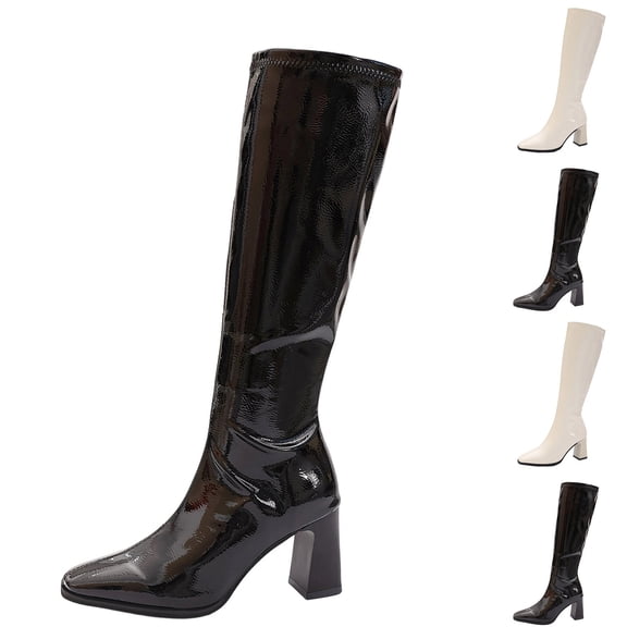 ATENAR Womens Tall Dress Boots,Glossy Finish Boots,Side Zipper,Soft Supportive,Mid Heel,Black,7.5