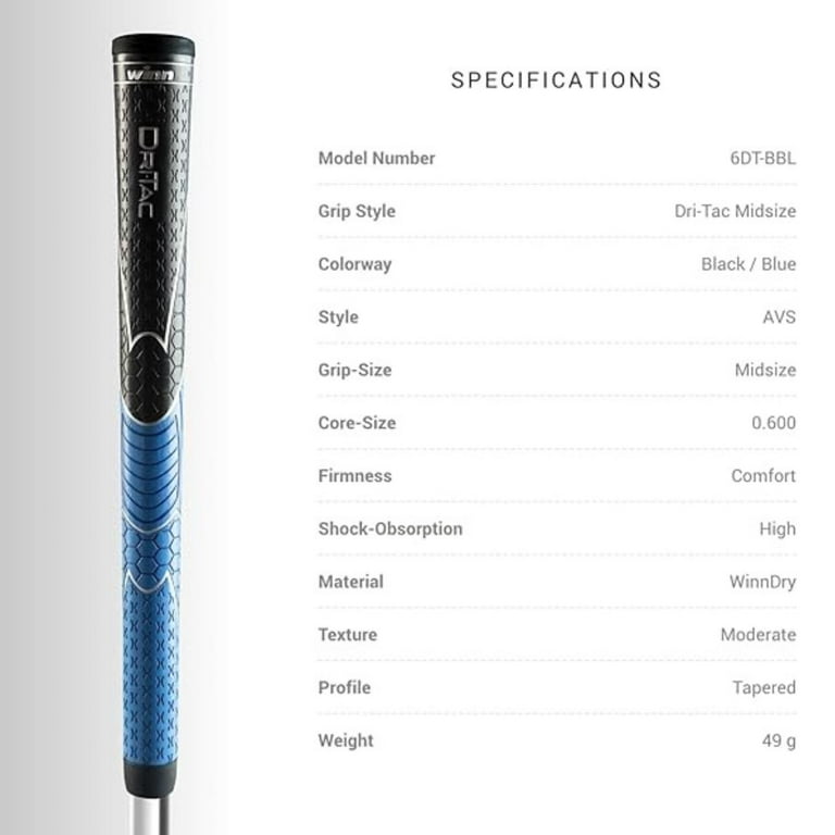 Winn Dritac Midsize Grips Per Mazze Da Golf - Set 8 Pezzi Grigio Scuro, Antiscivolo