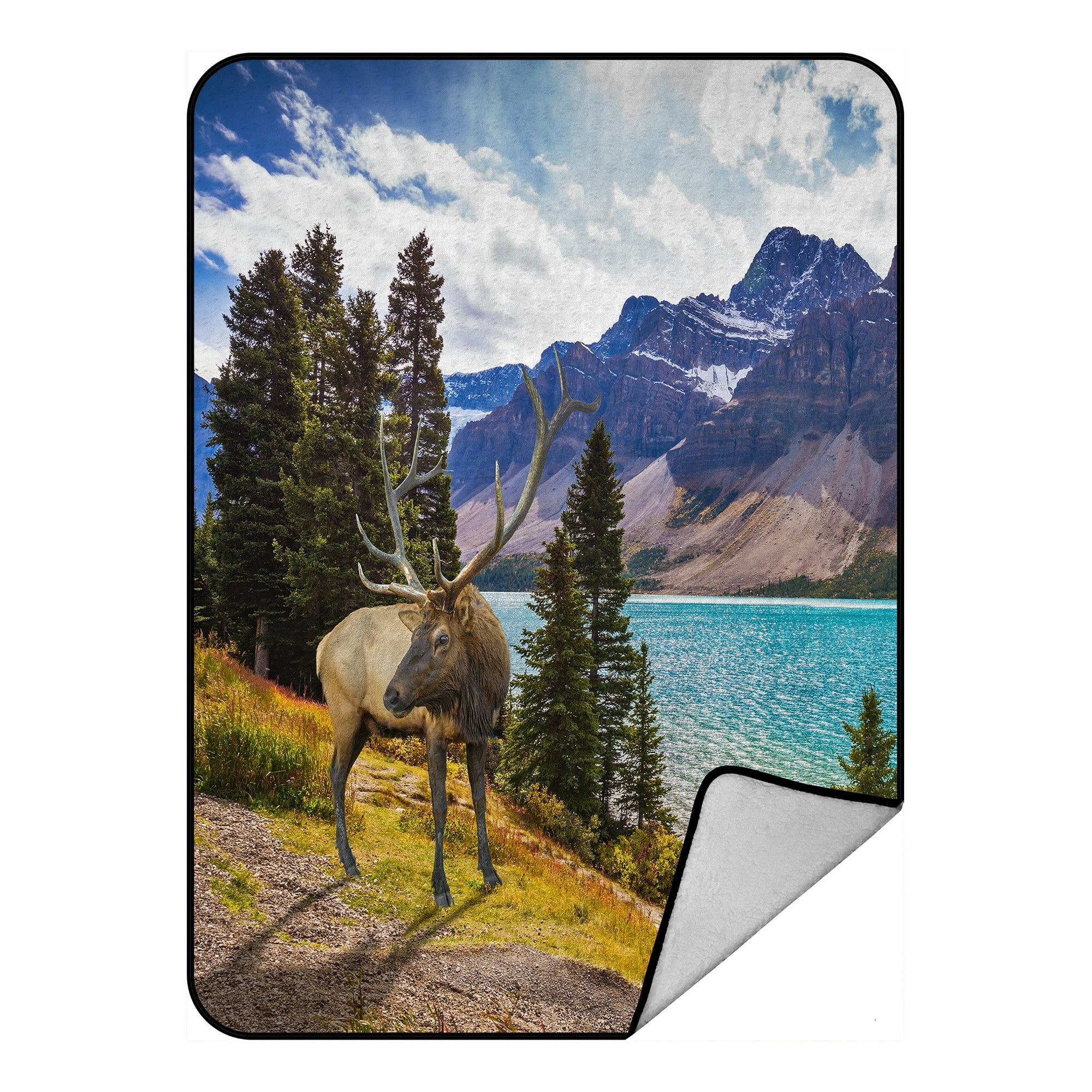 BSDHOME Beautiful Blue Sky Cloud Blanket Deer on the Bank of Azure Lake Rocky Mountain Fleece Blanket Crystal Velvet Front and Lambswool Sherpa