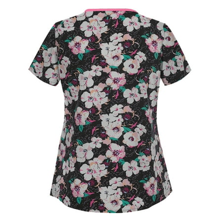 

Moocorvic Women s Scrub Tops Floral Print Fashion V Neck Short Sleeve Uniform T-Shirts Tunic Blouse with Pocket