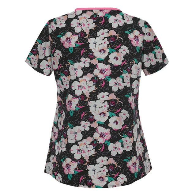 Pompotops Femmes Mode Imprimé Fleurs Manches Courtes Tops Travaillant Uniforme Chemisier Chemise