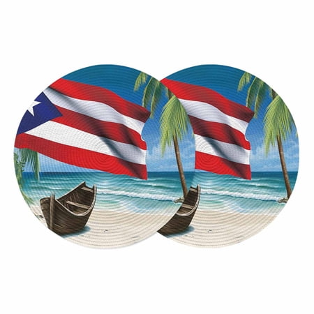 Puerto Rico Flag Sea Round 15 Inch Placemats Set of 2, Beach Palm Trees Boat Nautical HeatResistant Non Slip Place Mats for Dining Table, Wipeable Braided Kitchen Table Mats for Housewarming