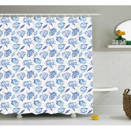 Indigo Shower Curtain Summer Theme Watercolor Blurry Hand Drawn Indigo Shower Curtain Summer Theme Watercolor Blurry Hand Drawn Buds Flowers Roses Seem Image