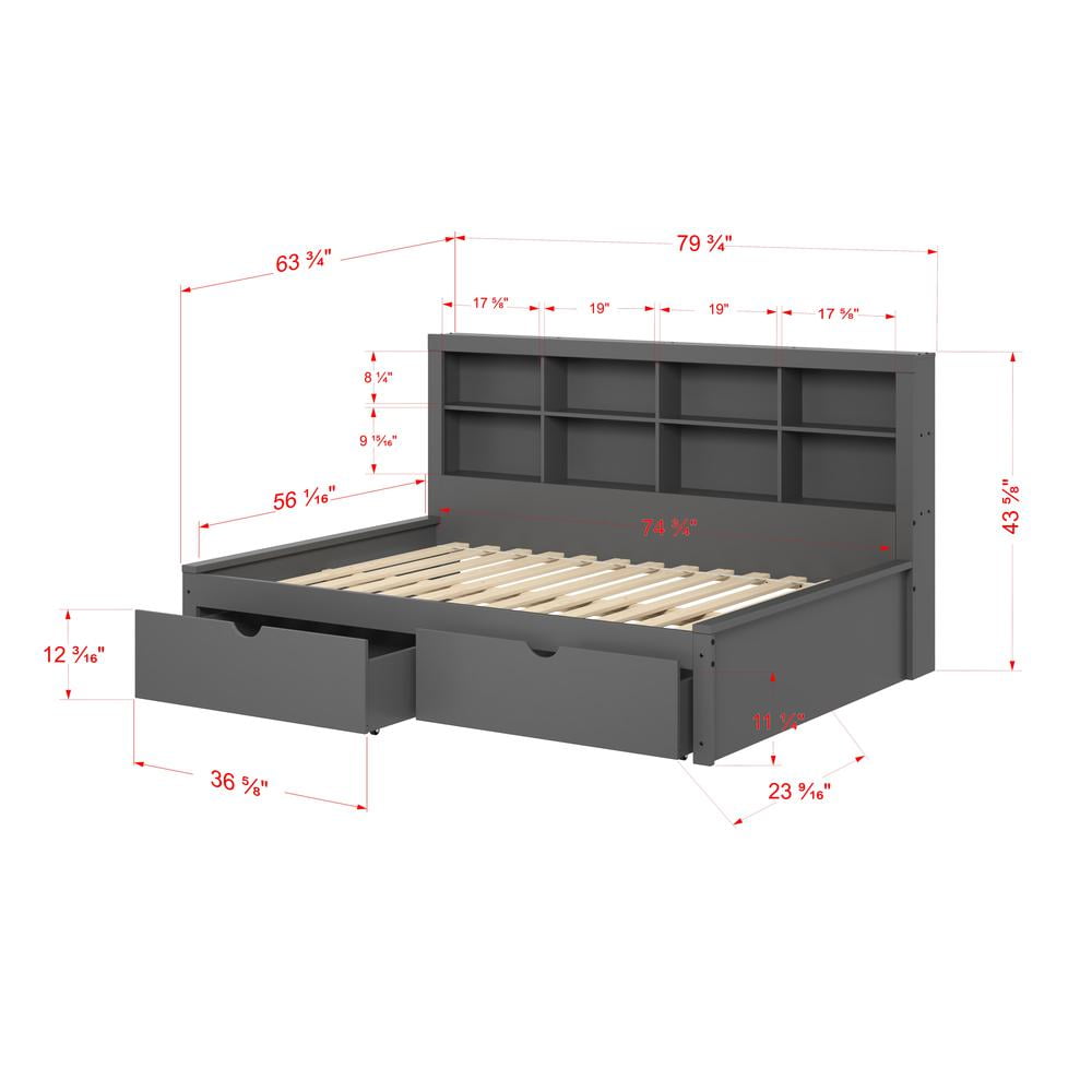 Donco Kids Bookcase Full Daybed with Dual Underbed Drawers, Full, Dark Grey