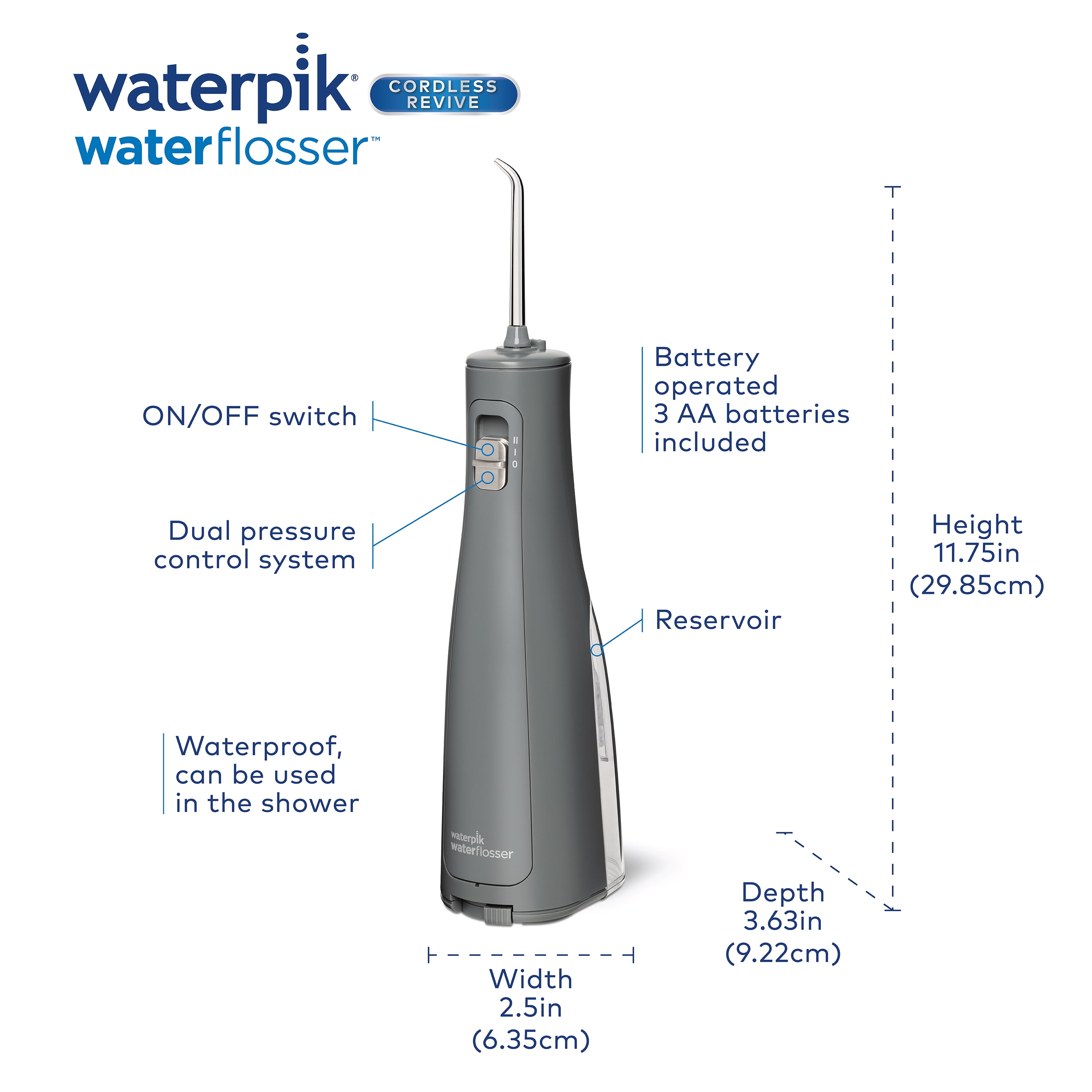 Waterpik Cordless Revive Portable Water Flosser Oral Irrigator, Modern Gray WF-03