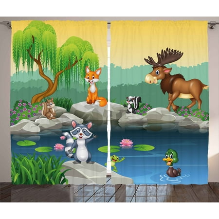 - Cartoon Curtains 2 Panels Set, Funny Mascots Animals by the Lake Moose Fox Squirrel Raccoon Kids Nursery Theme, Window Drapes for Living Room Bedroom, 108W X 63L Inches, Multicolor, by Ambesonne