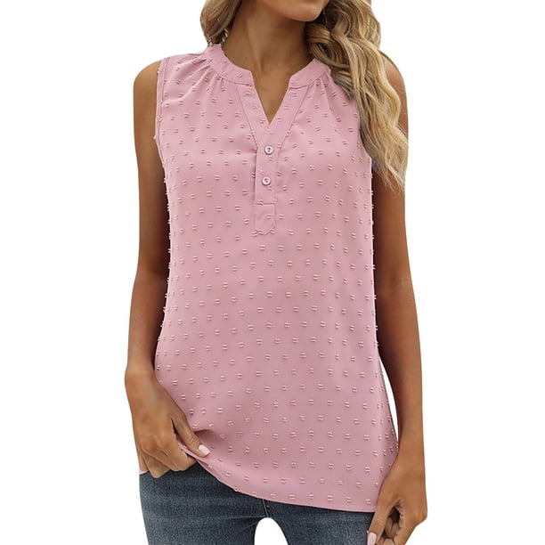 Gibobby Tops de chifón para mujer, sin mangas, con lunares, con botones y cuello en V, blusa suelta, camisas de Color sólido(Rosa,CH)