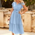 thumbnail image 5 of ZZwxWA Womens 2025 Floral Boho Dress Wrap V Neck Short Sleeve Belted Ruffle Hem A-Line Flowy Maxi Dresses Solid Formal Sundress Holiday Gift, 5 of 6