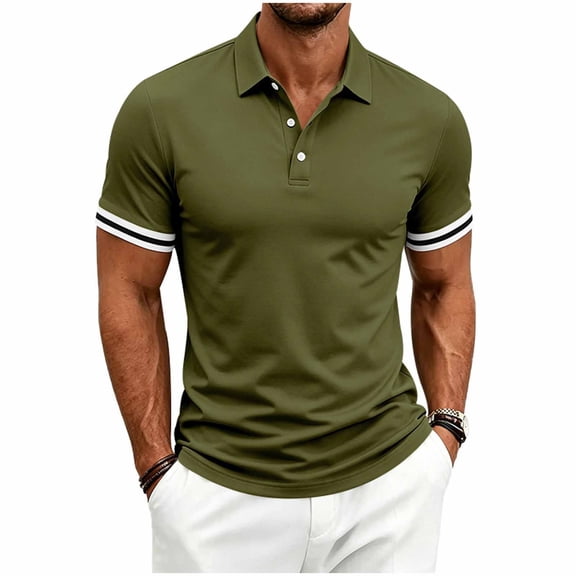 SAWOBUUN Men's Golf Shirt Short Sleeve Classic Button Collar Top with Striped Cuffs Casual Solid Color Slim Fit Tee