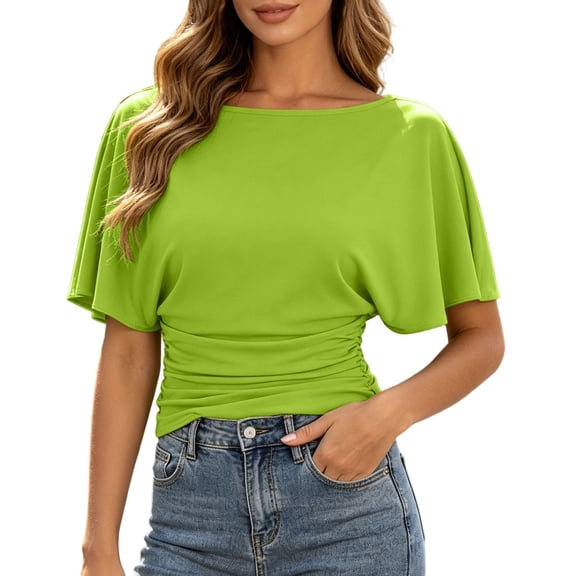 Women's T Shirt Elegant Solid Color Tees Batwing Sleeve Solid Color Round Neck T Shirt For Casual Everyday Wear Trendy Tops