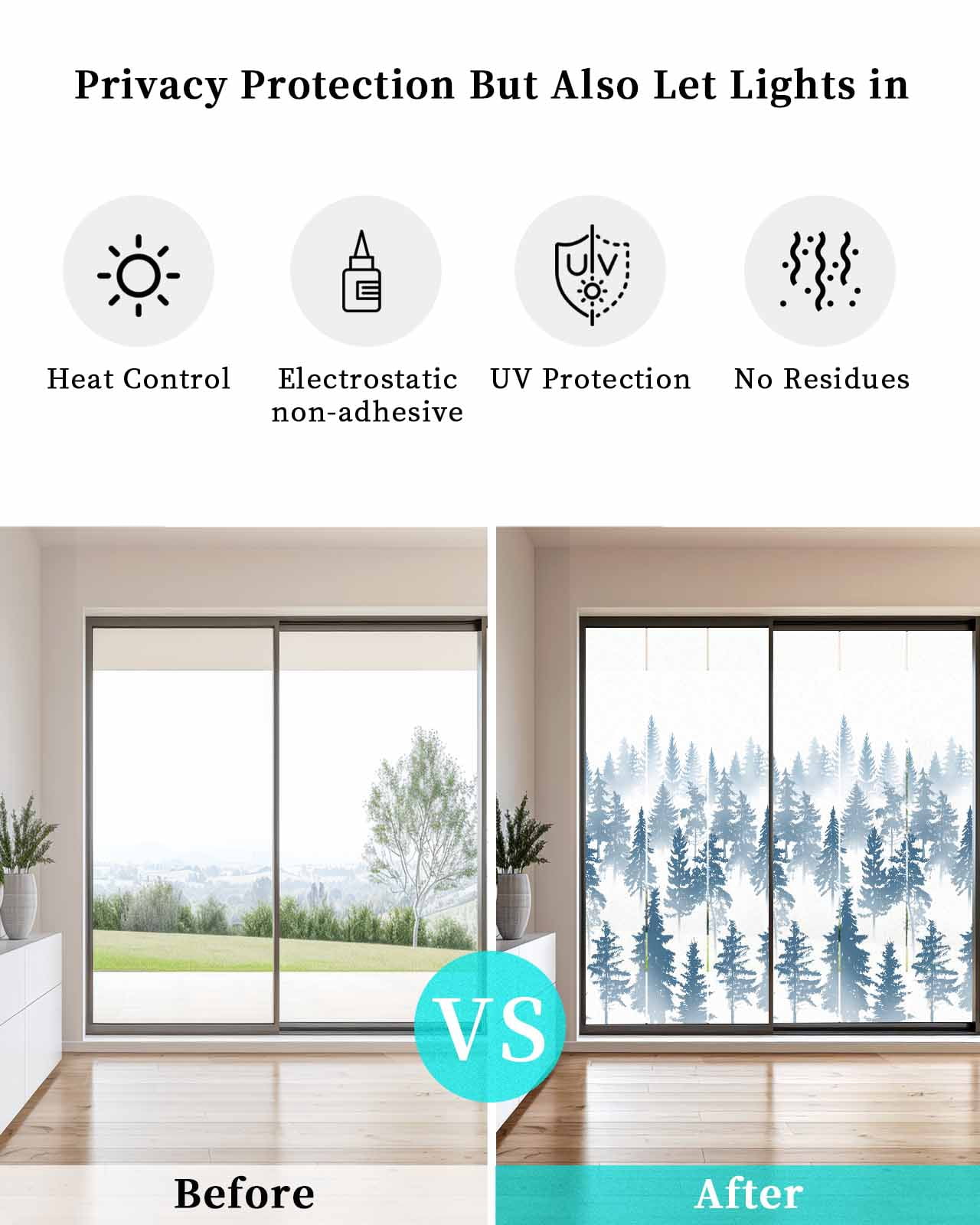 Window Privacy Film, Dark Blue Forest UV Sun Blocking Window Tint Film Heat Control One Way Blackout Window Film, Modern Abstract Silhouette Art Non Adhesive Static Cling Window Sticker 29.5x78.7 In