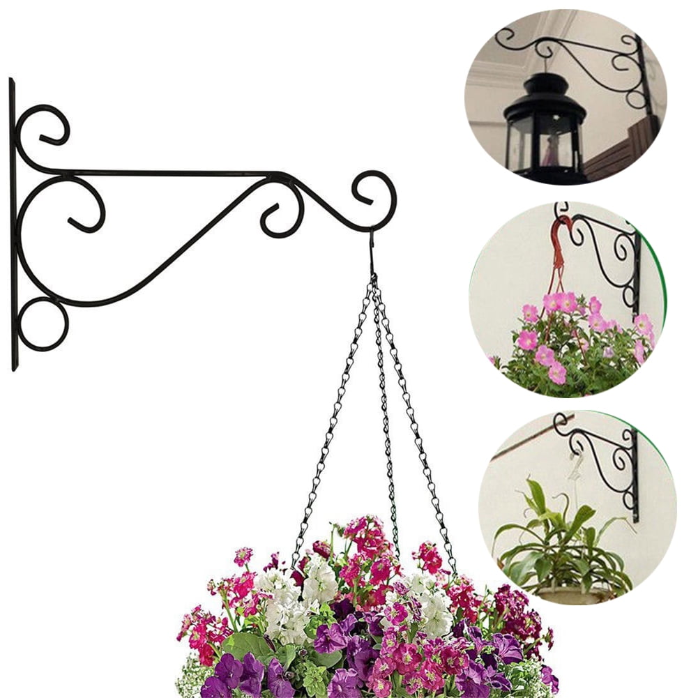 2 Pcs Black Wall Hanging Baskets Hooks Iron Plant Hooks Hanger Stand 7.3Inch with Screws for Outdoor Garden Backyard Home Decoration 