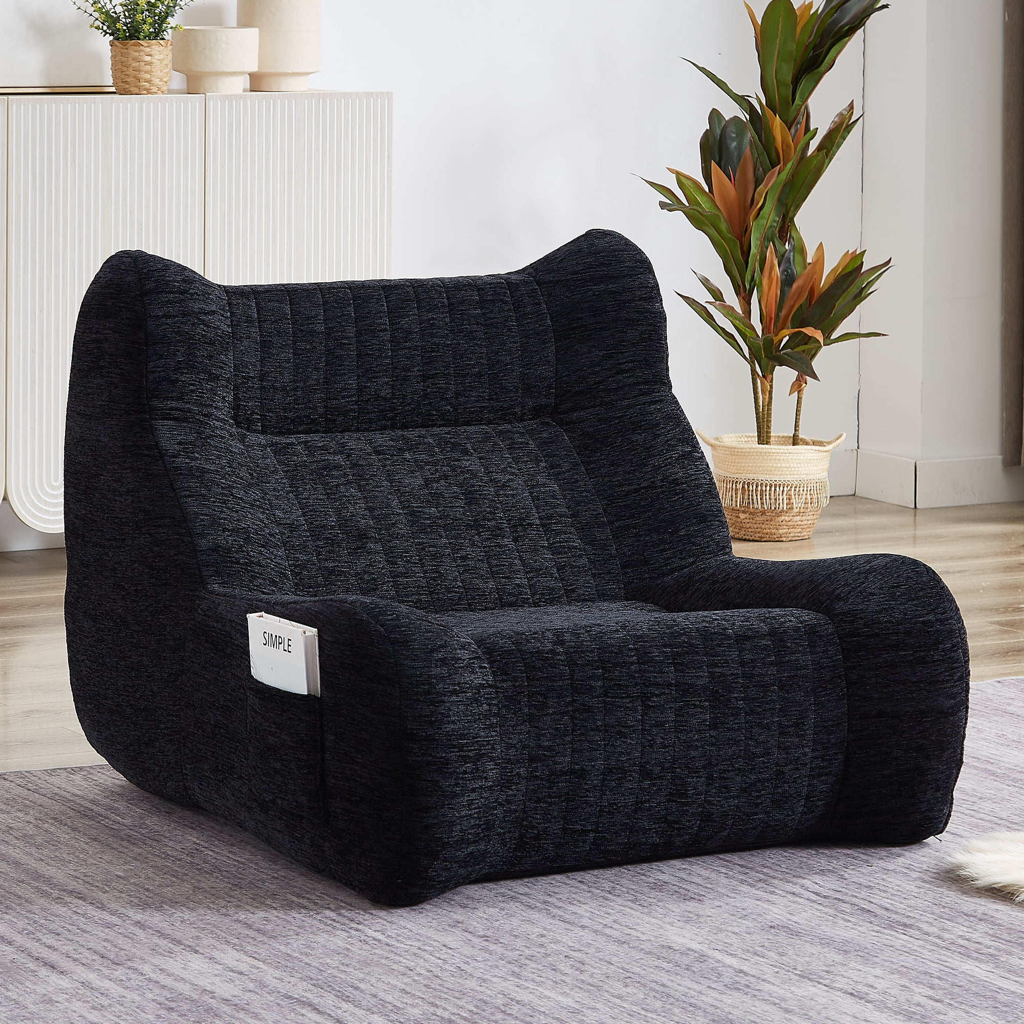 Kosynda Bean Bag Chair for Adults, Giant Memory Foam Bean Bag Couch with High-Resilience Foam and Armrests, Lounge Floor Sofa for Living Room, Bedroom, Black