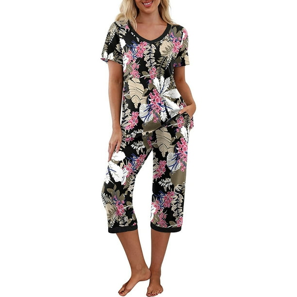 Lucakuins, conjunto de pijamas de 2 piezas para mujer, Tops florales de manga corta y pantalones capri elásticos, ropa de dormir suave para dormir Lucakuins moda