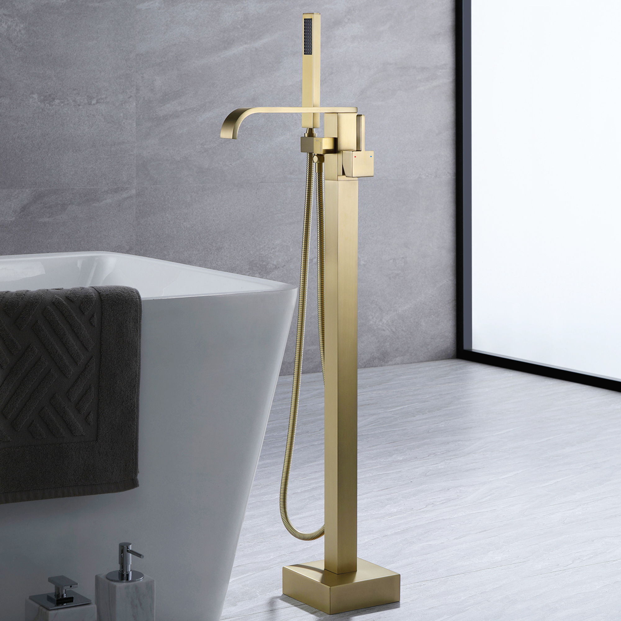 Wand Floor Mounted Bathroom Tub Filler with Hand Shower, Brass Freestanding Bathtub Faucet