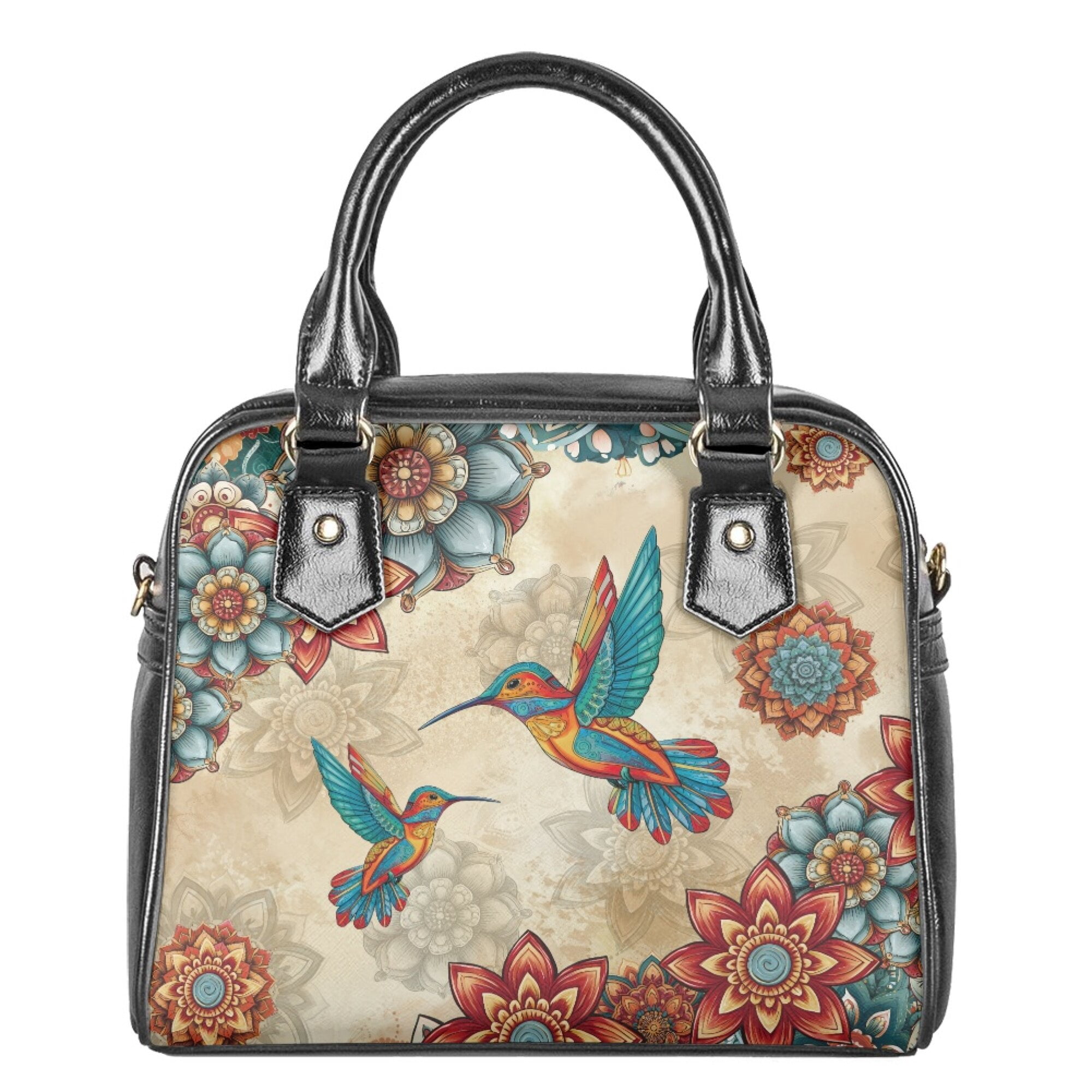 Tutolipy Hummingbird Boho Mandala Printed Satchel Handbag Women's Tote Purse Large Capacity Top Handle Purse Crossbody Shoulder Bags Messenger Bag for Shopping, Beige and Orange