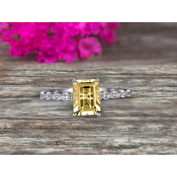 Art Deco 10k White Gold 1.50 Carat 7x5mm Emerald Cut Champagne Diamond Moissanite Engagement Ring Anniversary Gift