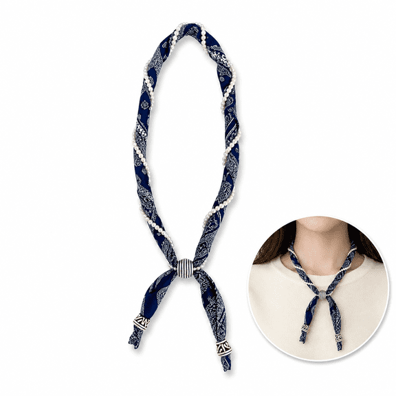 Deep Blue Boho Beaded Scarf Necklace for Women – Vintage Paisley Print Twist Faux Pearl Braided Necklace, Retro Ethnic Jewelry, Soft Lightweight Scarf for Daily Wear