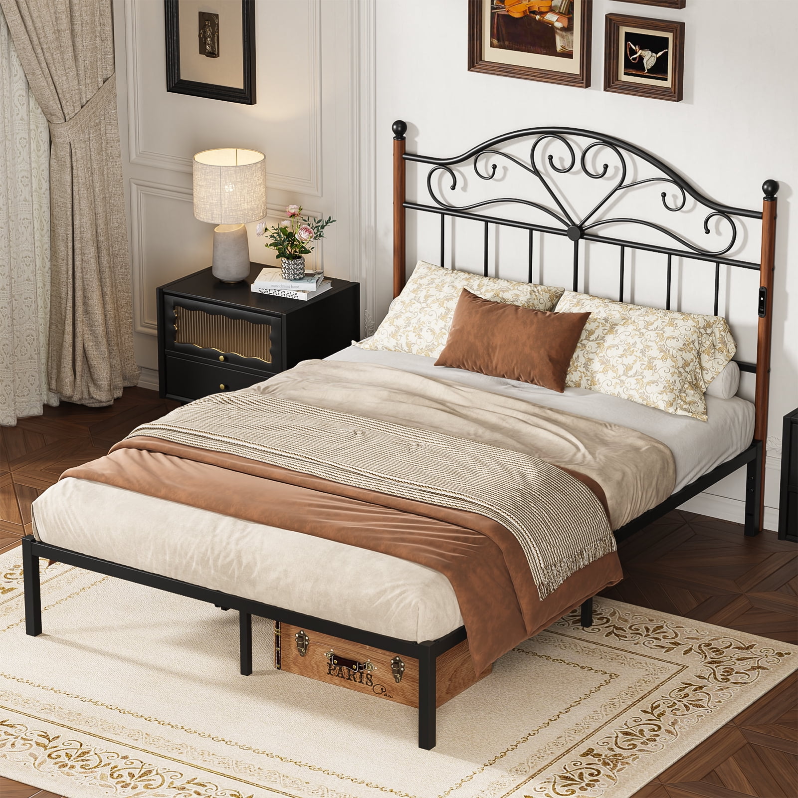 Yoneston Vintage Metal Queen Headboard with Charging and 3-Level Height Adjustment for Queen Adult Bed, Black
