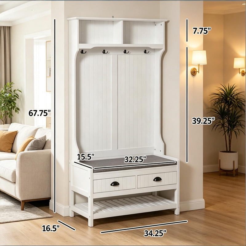 Multifunctional Hall Tree with Storage Bench,4 Hooks, 2 Drawers & Shoe Shelf, Modern Entryway Coat Rack Stand for Living Room, Mudroom,White + Gray)