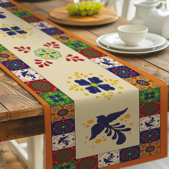 Floral Bird Table Runner 13x72inch Mexican Fiesta Table Runner Decoration Rustic Runner Day of The Dead Decor and Supplies