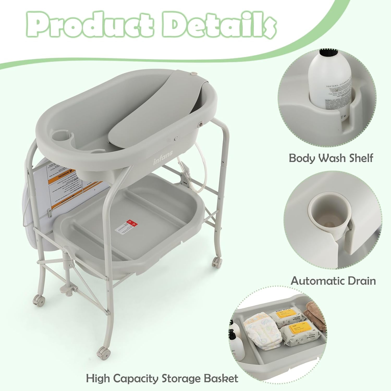 INFANS 2 in 1 Baby Changing Table with Bath Tub Unit, Folding Diaper Dresser Station with Wheels Waterproof Pad Storage Rack, Portable Nursery Organizer Stand for Newborn Infant (Light Grey)