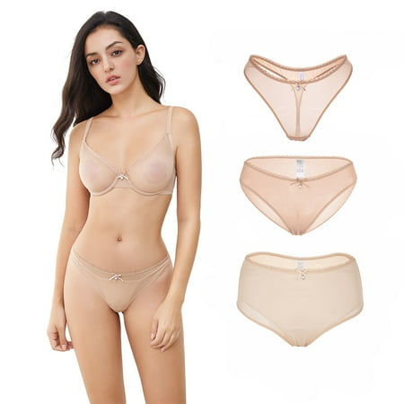 

Women s See Through Unlined Underwire Bra Thongs Panties High Waist 4 Pcs
