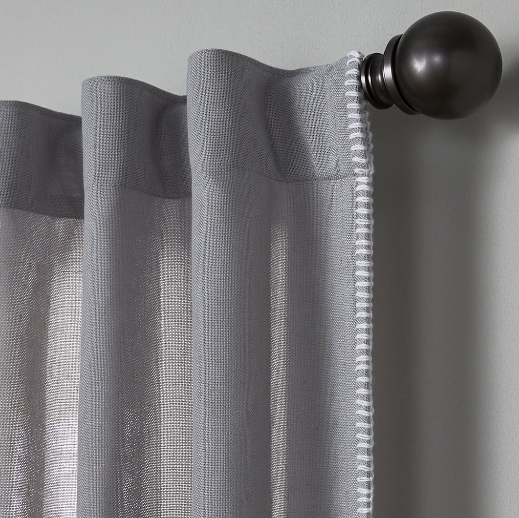 Better Homes & Gardens Whipstitch Light Filtering Rod Pocket Single Curtain Panel, Silver with White Stitching