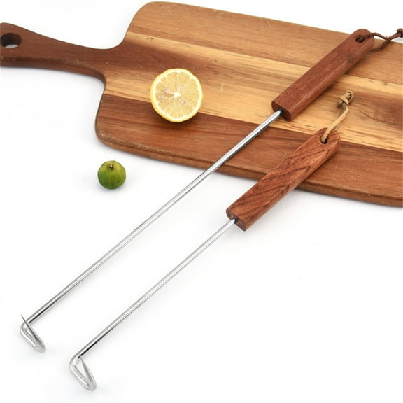 Stainless Steel Food Flipper,Barbecue Turner Hook,Meat Hook Turner Grill Accessories,Sturdy Food Flipper Hook with Wooden Handle,for Grilling Smoking Frying (Set of 2)