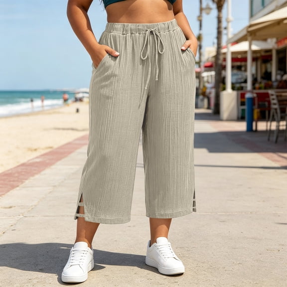 Zormilly Capri Pants for Women, Loose Lightweight Plus Size Pants with Pockets, Split Hem Black Cropped Pants Vacation, XL-5XL