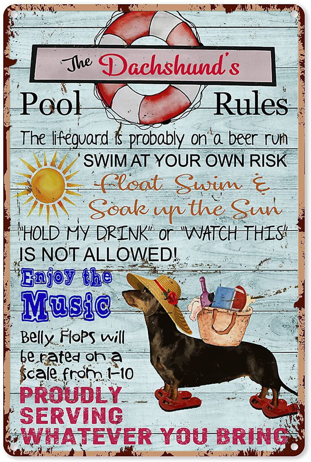 Swimming Pool Wall Art Decor Dachshund Beach Club Metal Sign Decor Tin